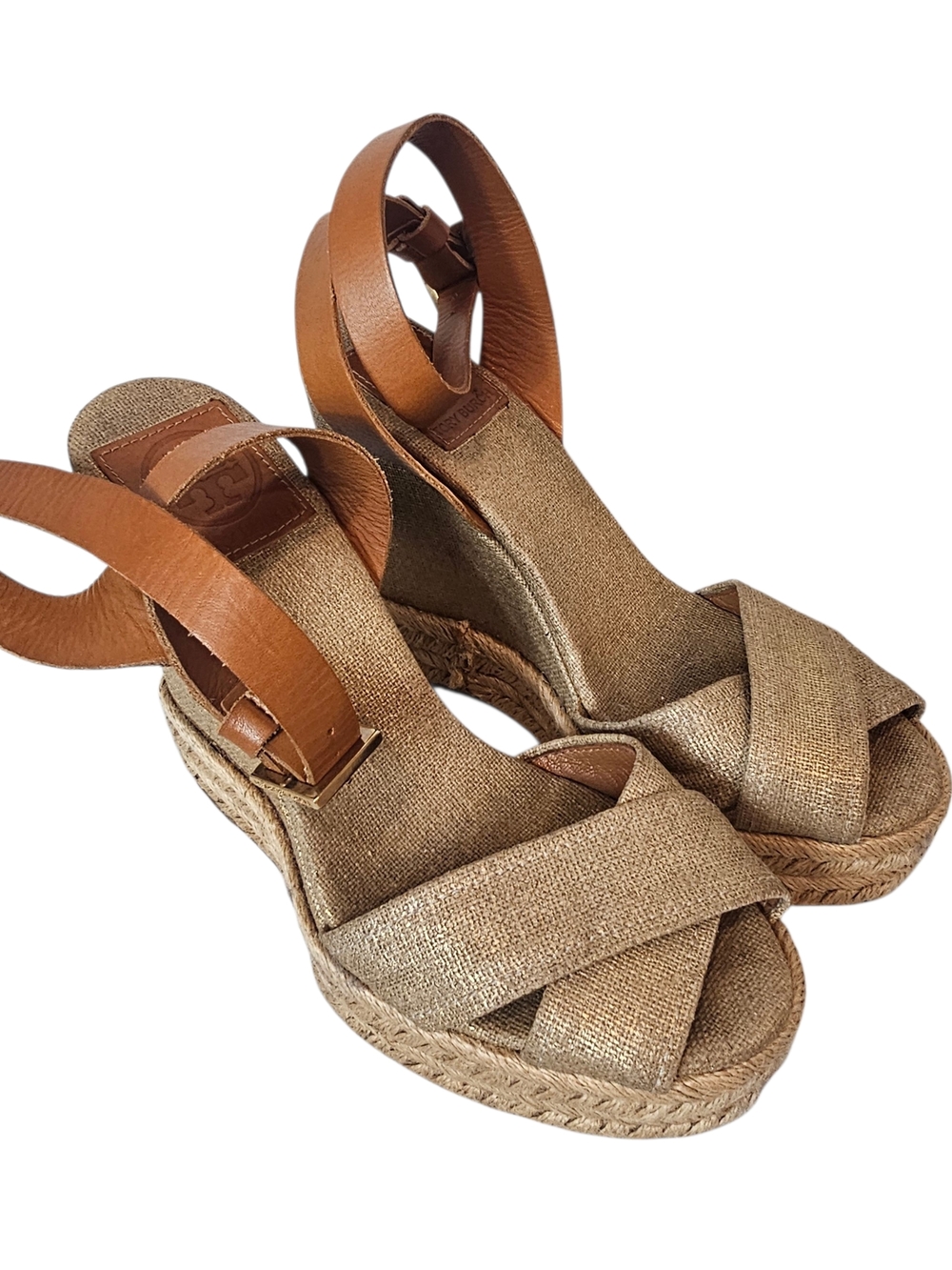 Tory Burch Fabian Wedge Espadrille Sandals Size 6 Metallic Boho Chic Ankle Strap - Picture 2 of 14